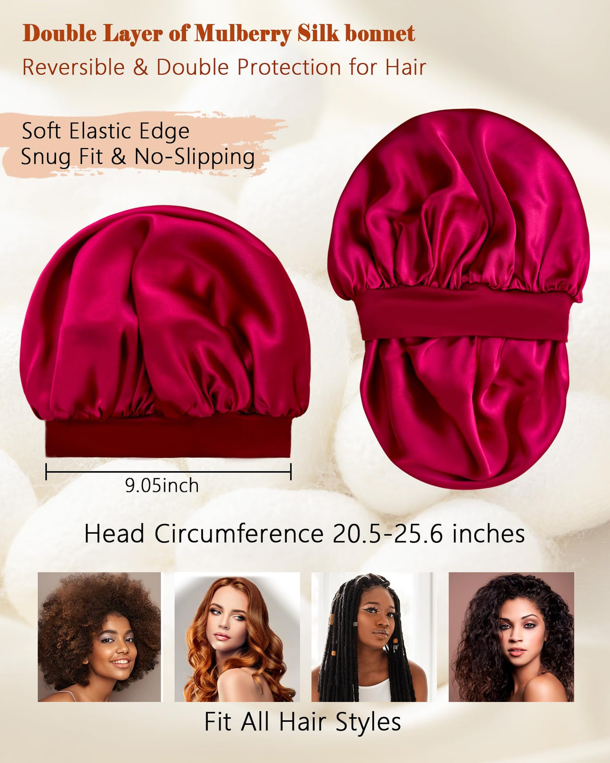 100% Mulberry Silk Bonnet for Sleeping, Double-Layer Hair Protection Cap