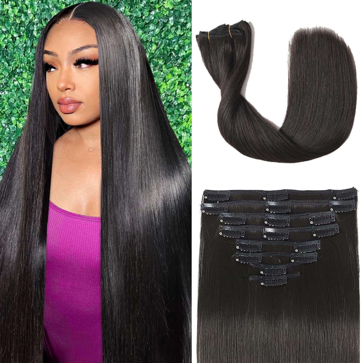 Tebelove Clip-In 100% Remy Brazilian Human Hair Extensions, Double-Weft Set