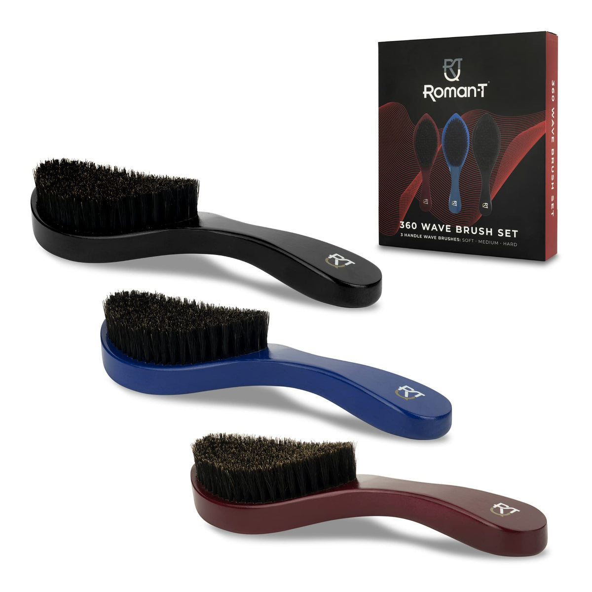 Roman-T Men's 360 Wave Brush Set with Soft, Medium & Hard Brushes