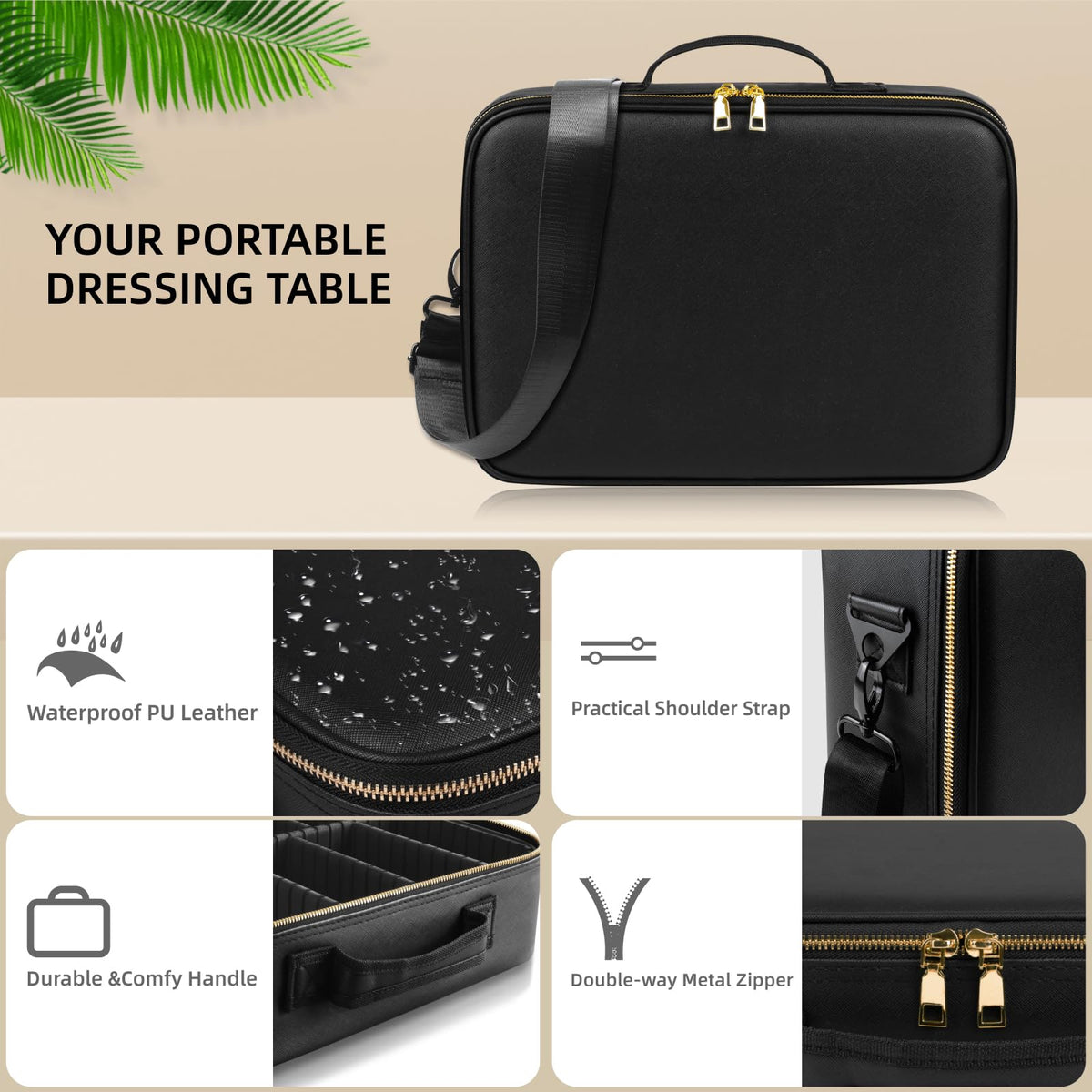 Large Makeup Bag with LED Mirror, Adjustable Dividers and Travel Straps