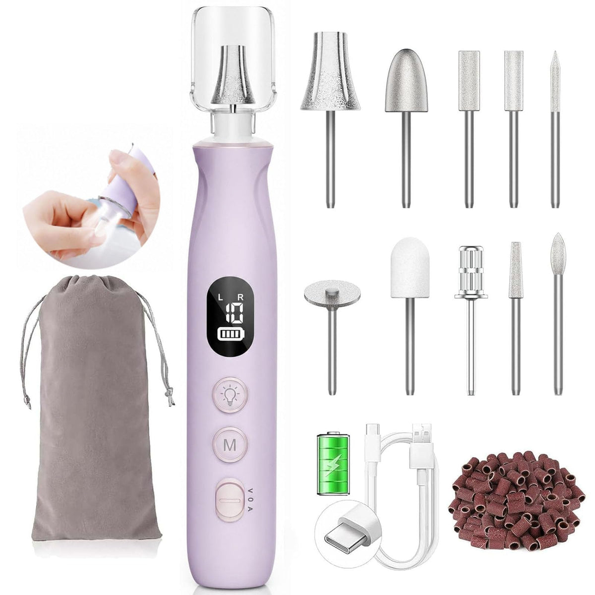 HSKAI Electric Nail File Cordless Rechargeable Nail Drill, Purple