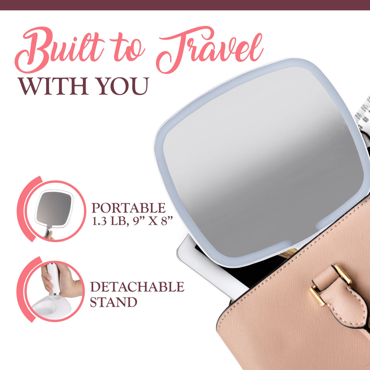 MIRRORVANA Rechargeable Lighted Handheld Mirror with Detachable Stand