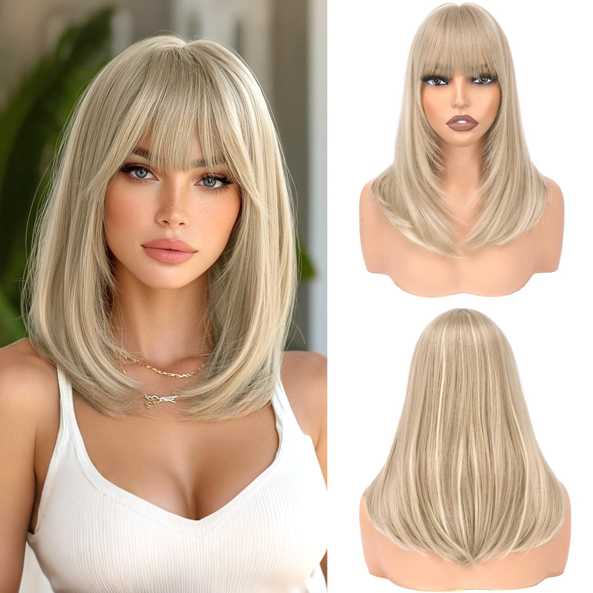 Haloo Shoulder-Length Bob Wig with Bangs, Straight Heat-Resistant Synthetic Hair