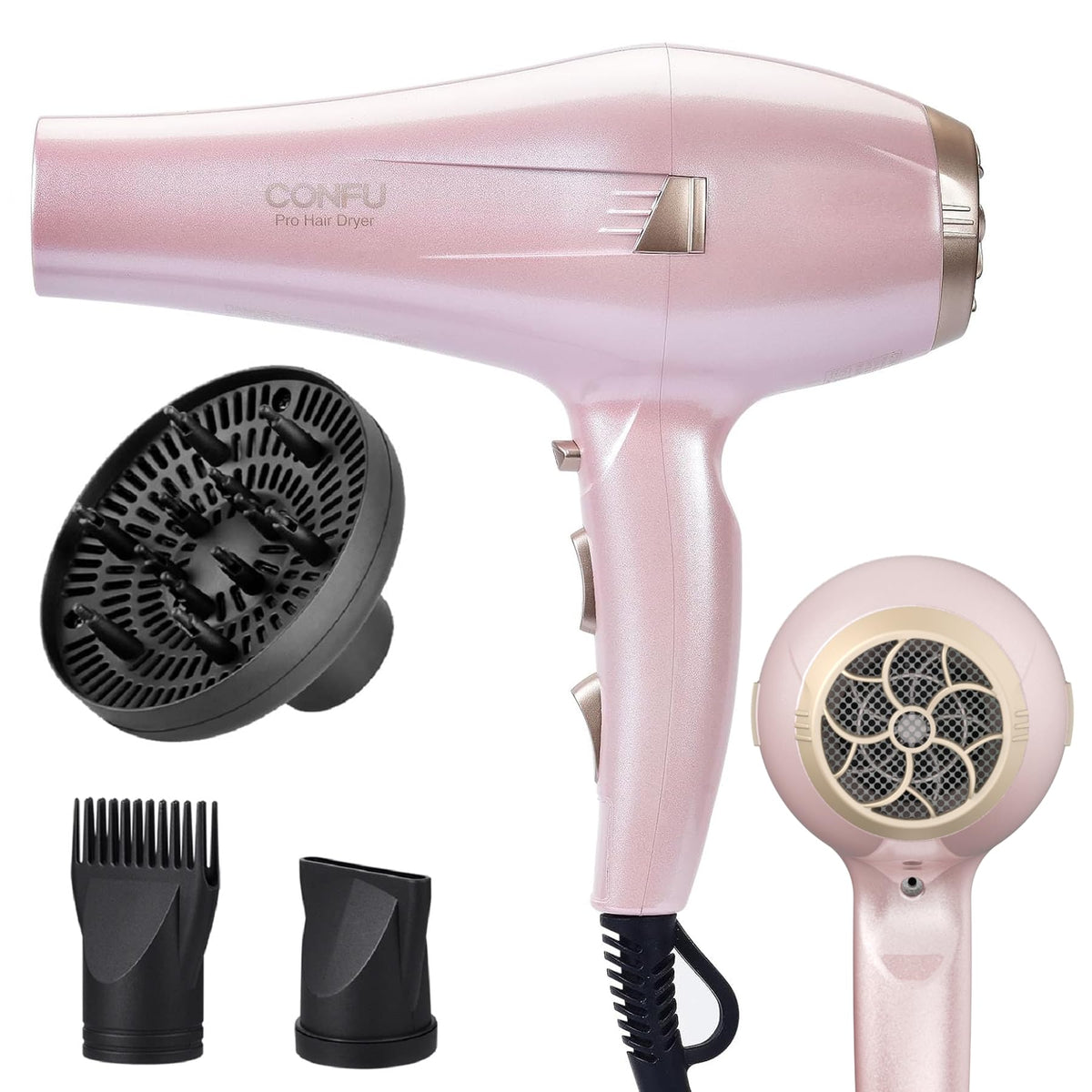 CONFU Professional Ionic Hair Dryer with Diffuser and Styling Attachments
