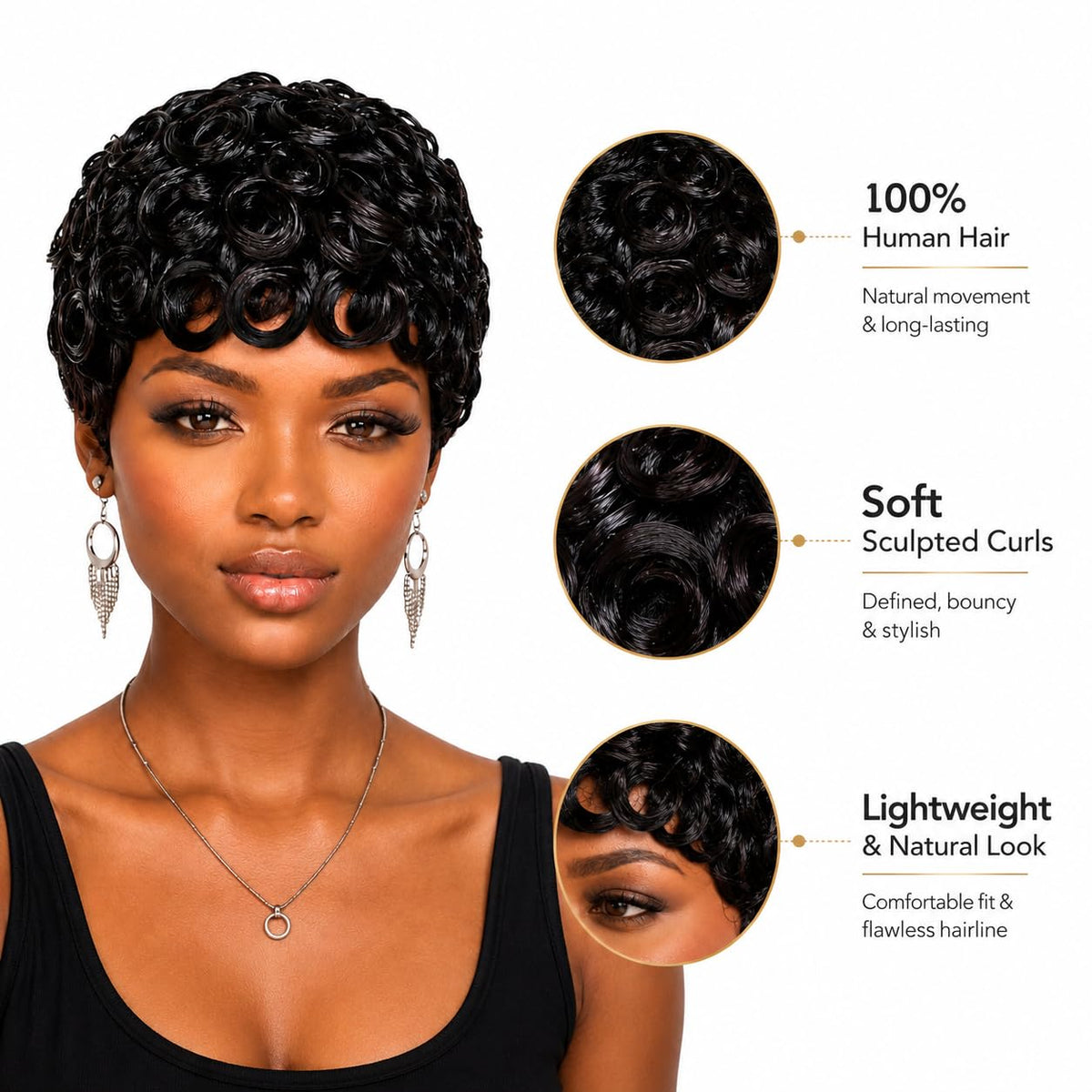 100% Virgin Human Hair Glueless Curly Pixie Cut Wig, 6 Inch