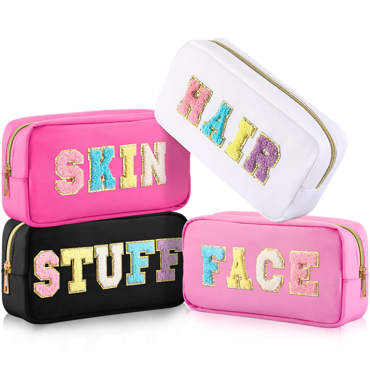 Preppy Nylon Makeup Bag Set with Chenille Letter Patches, 4 Pieces