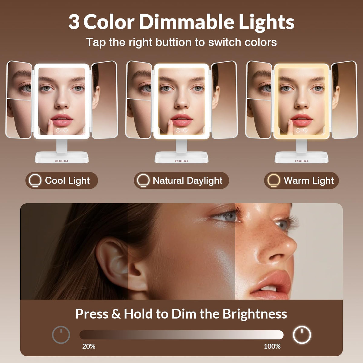 EASEHOLD Rechargeable Trifold Lighted Makeup Vanity Mirror