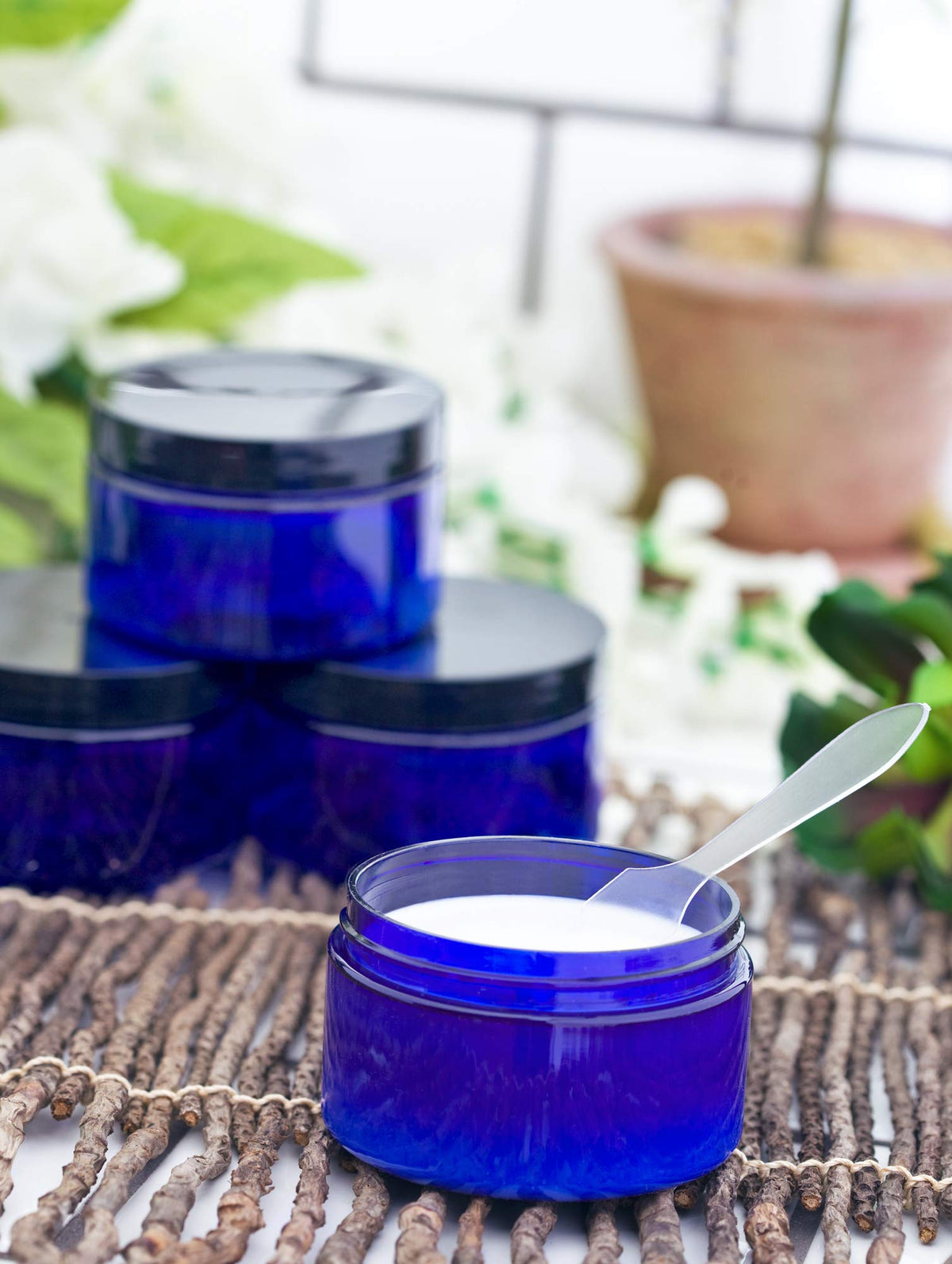 12 Pack 4 oz Cobalt Blue PET Plastic Low Profile Jars with Black Lids