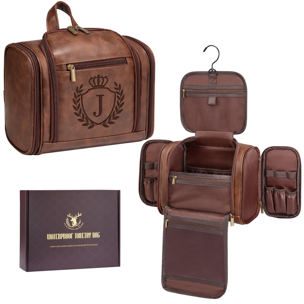 Aganmi Personalized Men's Large PU Leather Hanging Toiletry Bag