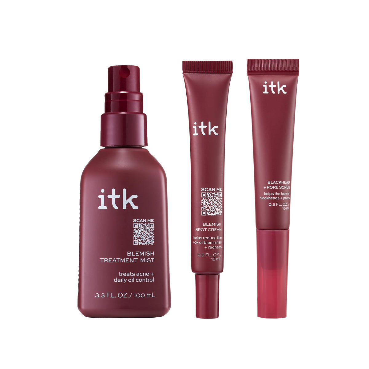 ITK Acne Treatment Trio with Blemish Mist, Spot Treatment & Pore Scrub