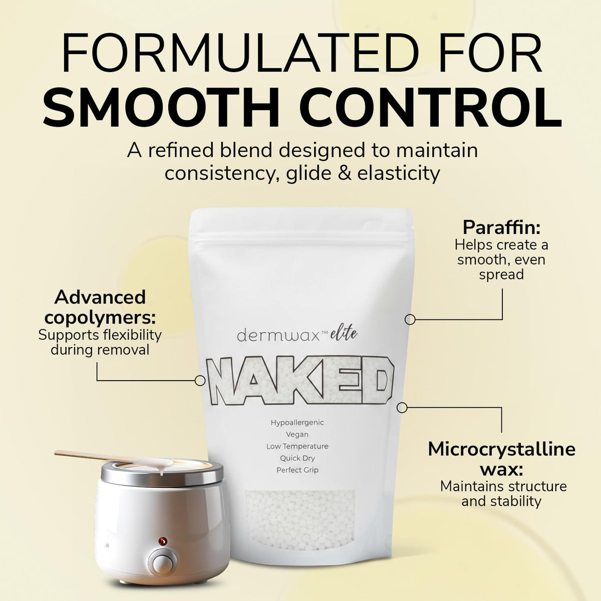 Dermwax Elite Naked Clear Hard Wax Beads, Hypoallergenic Fragrance-Free Gel Formula