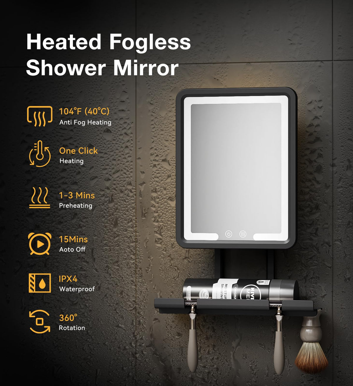 Black Rechargeable Heated Fogless Shower Mirror with LED Light