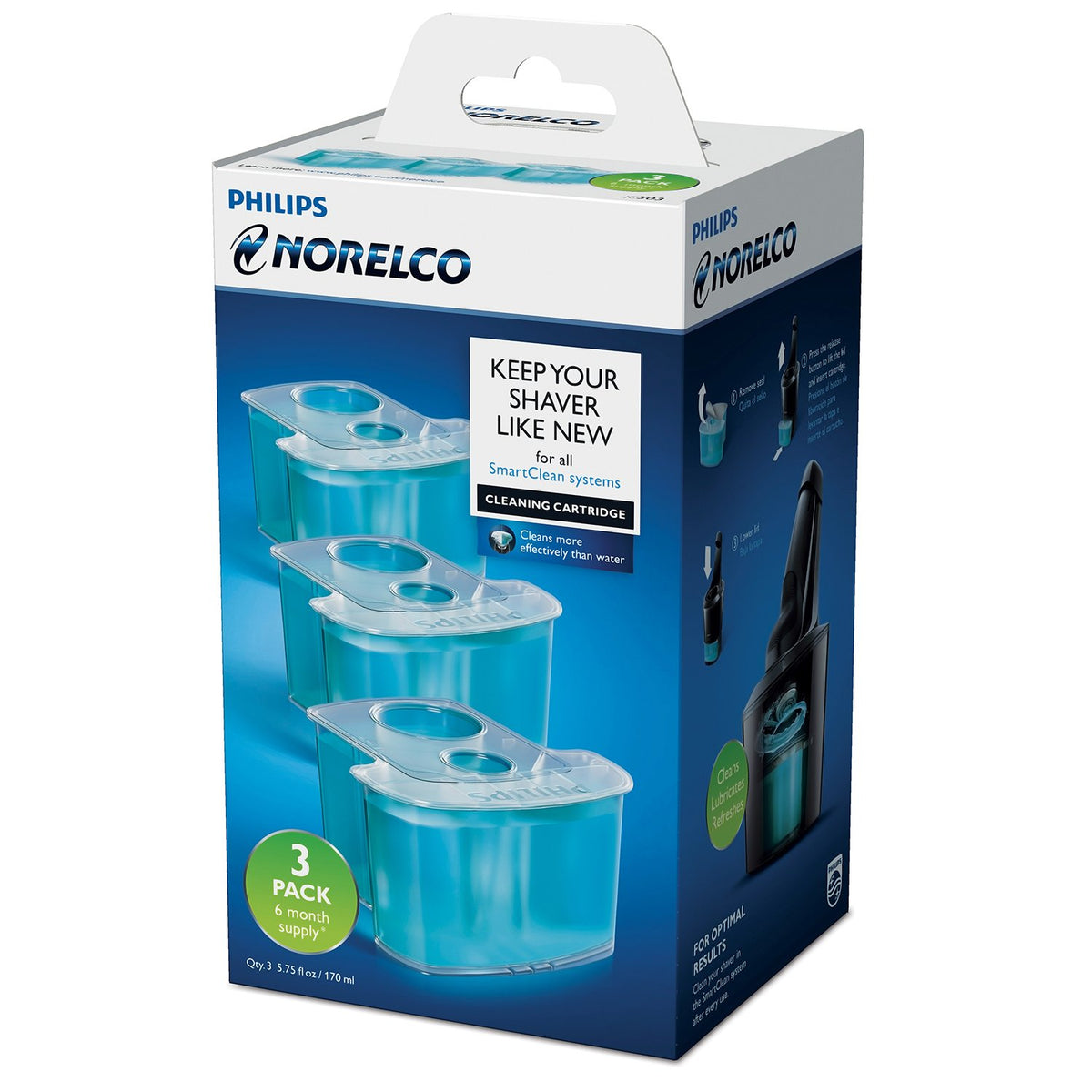 Philips Norelco SmartClean Shaver Cleaning Cartridges JC303/52, 3 Count