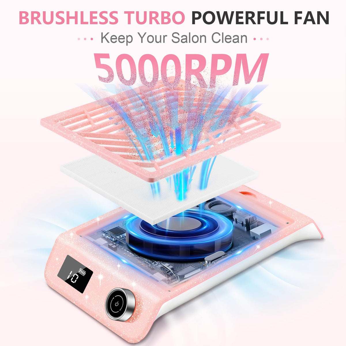 Kredioo Glitter Pink Rechargeable Nail Dust Collector with 10 Speeds