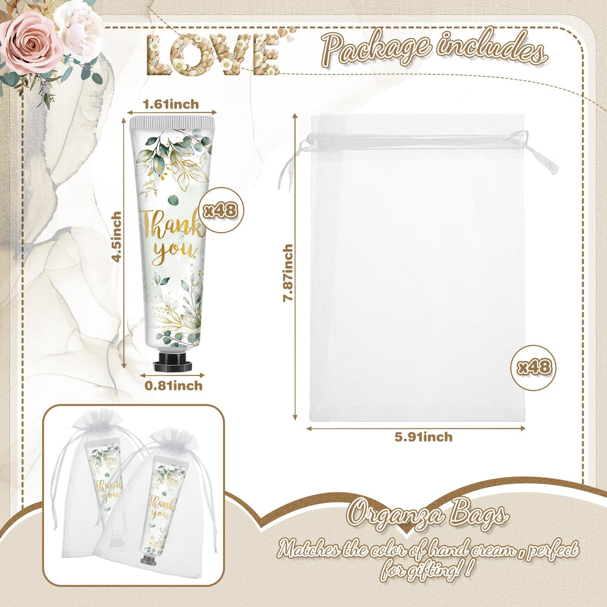 Travel Size Hand Cream Party Favors with Organza Bags, 48 Sets