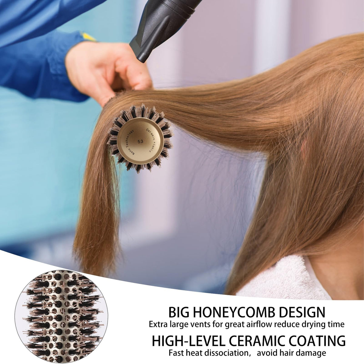 Boar Bristle Ceramic Ionic Round Hair Brush for Blow Drying