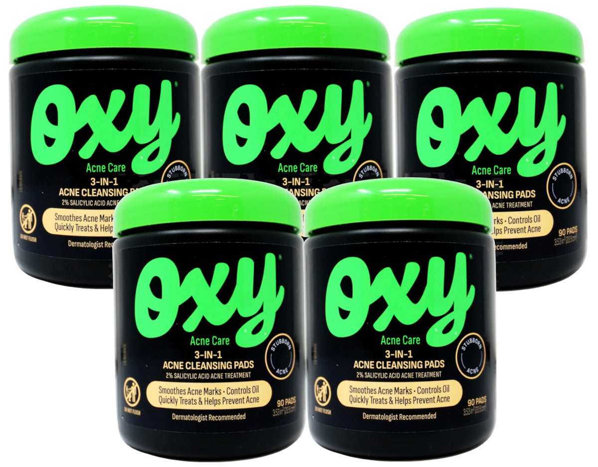 Oxy Acne Care 3-in-1 Acne Cleansing Pads, 2% Salicylic Acid, 90 Pads, 5 Pack