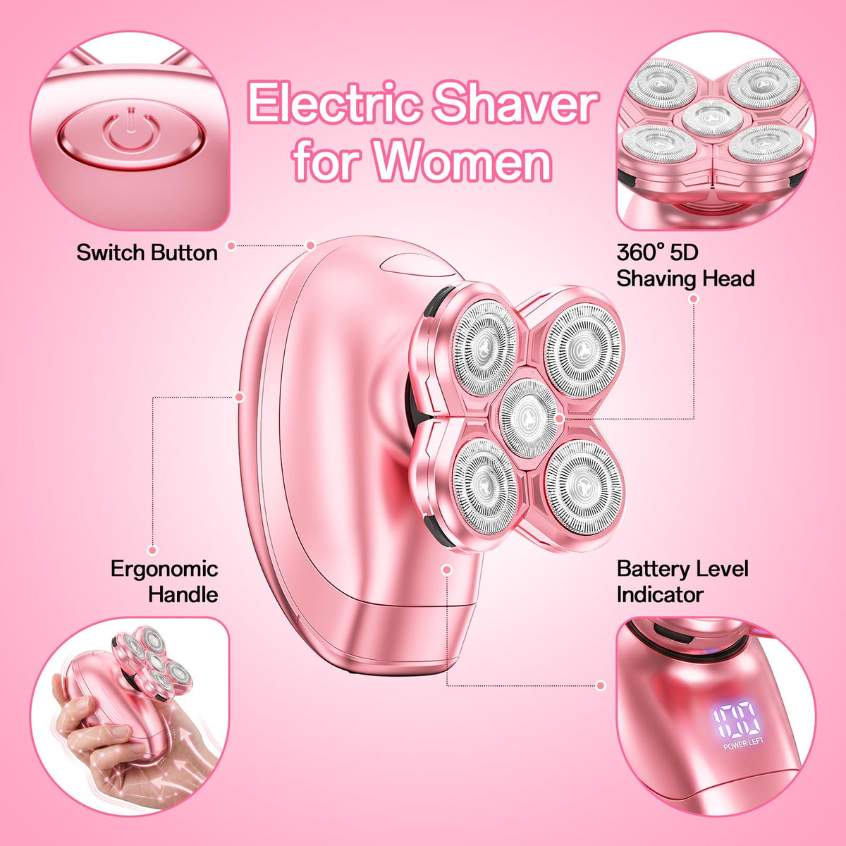 Women's 5-in-1 Electric Razor, Waterproof Wet/Dry Rechargeable Shaver