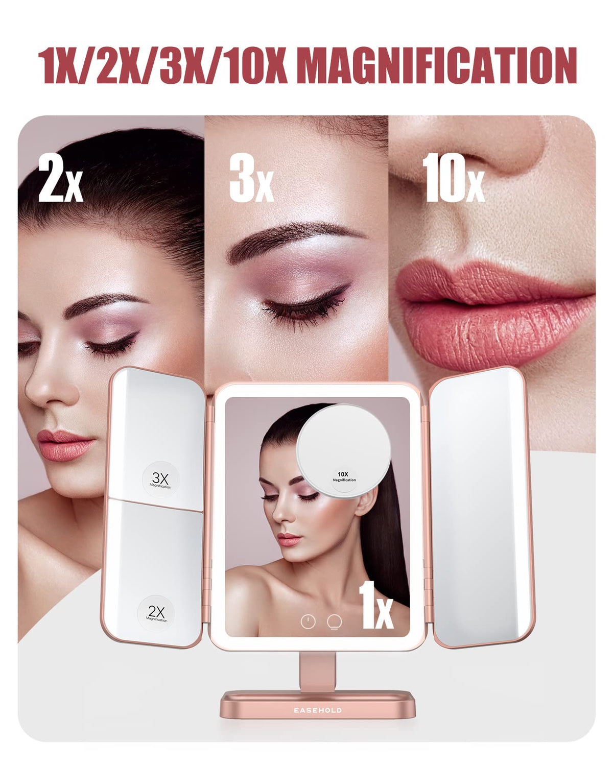EASEHOLD Rechargeable LED Makeup Vanity Mirror with Magnification