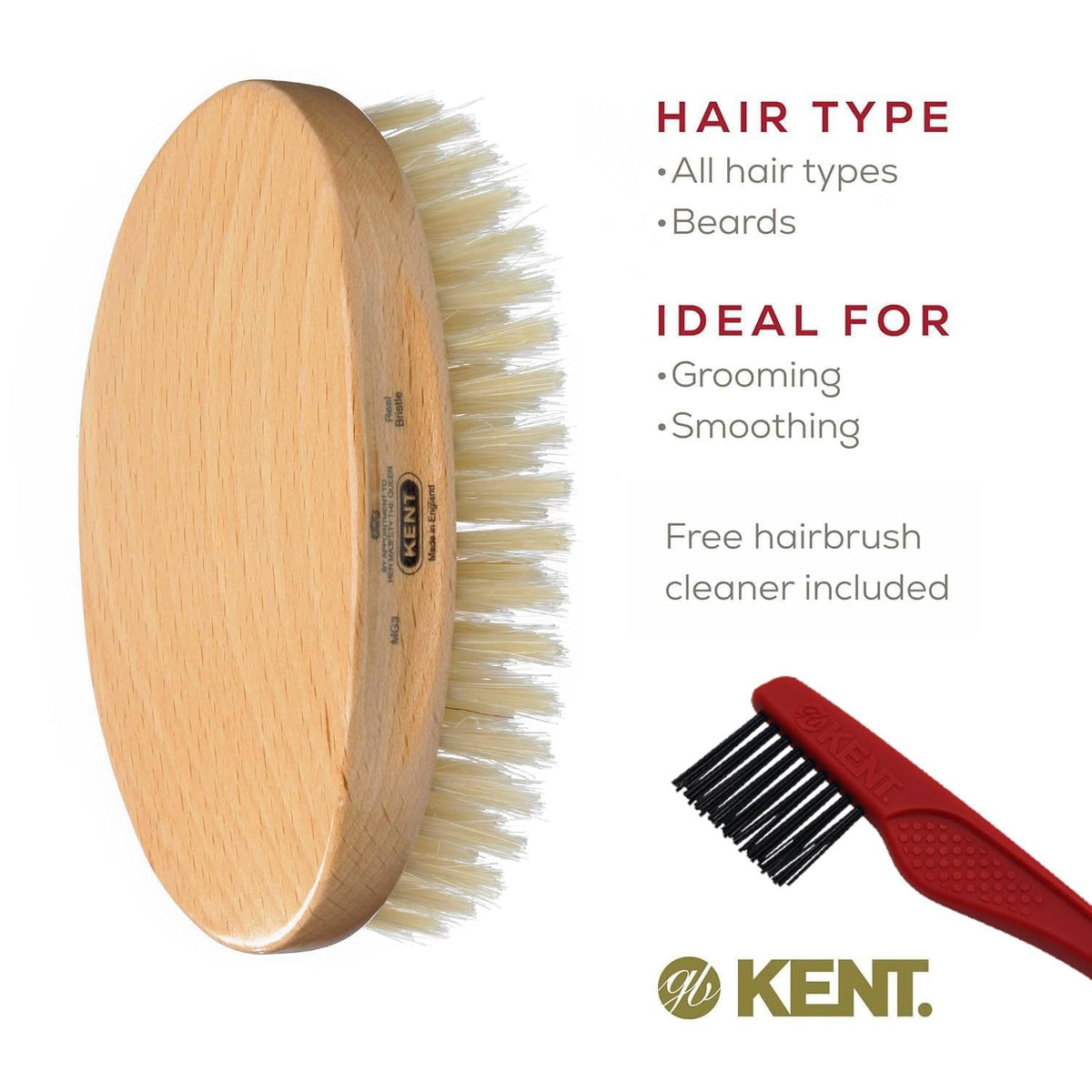 Kent MG3 Men's Hair & Beard Brush with Natural White Boar Bristles