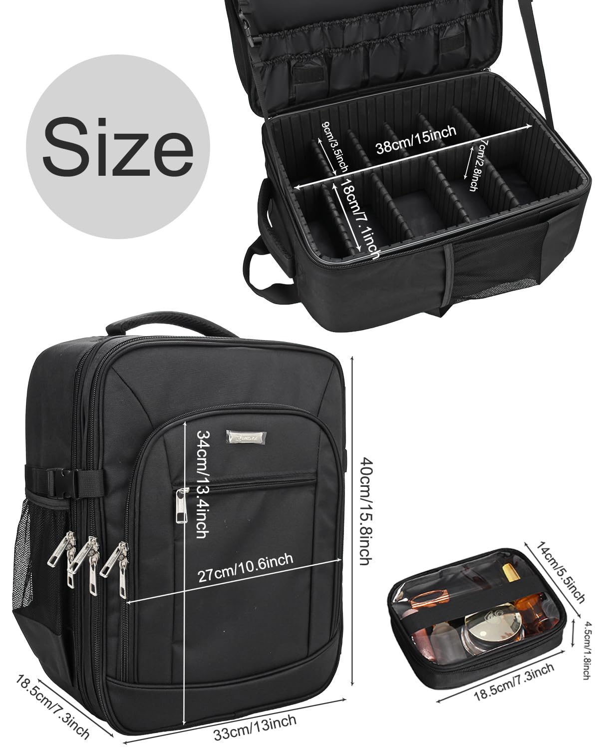 Black Makeup Storage Bag with Adjustable Dividers