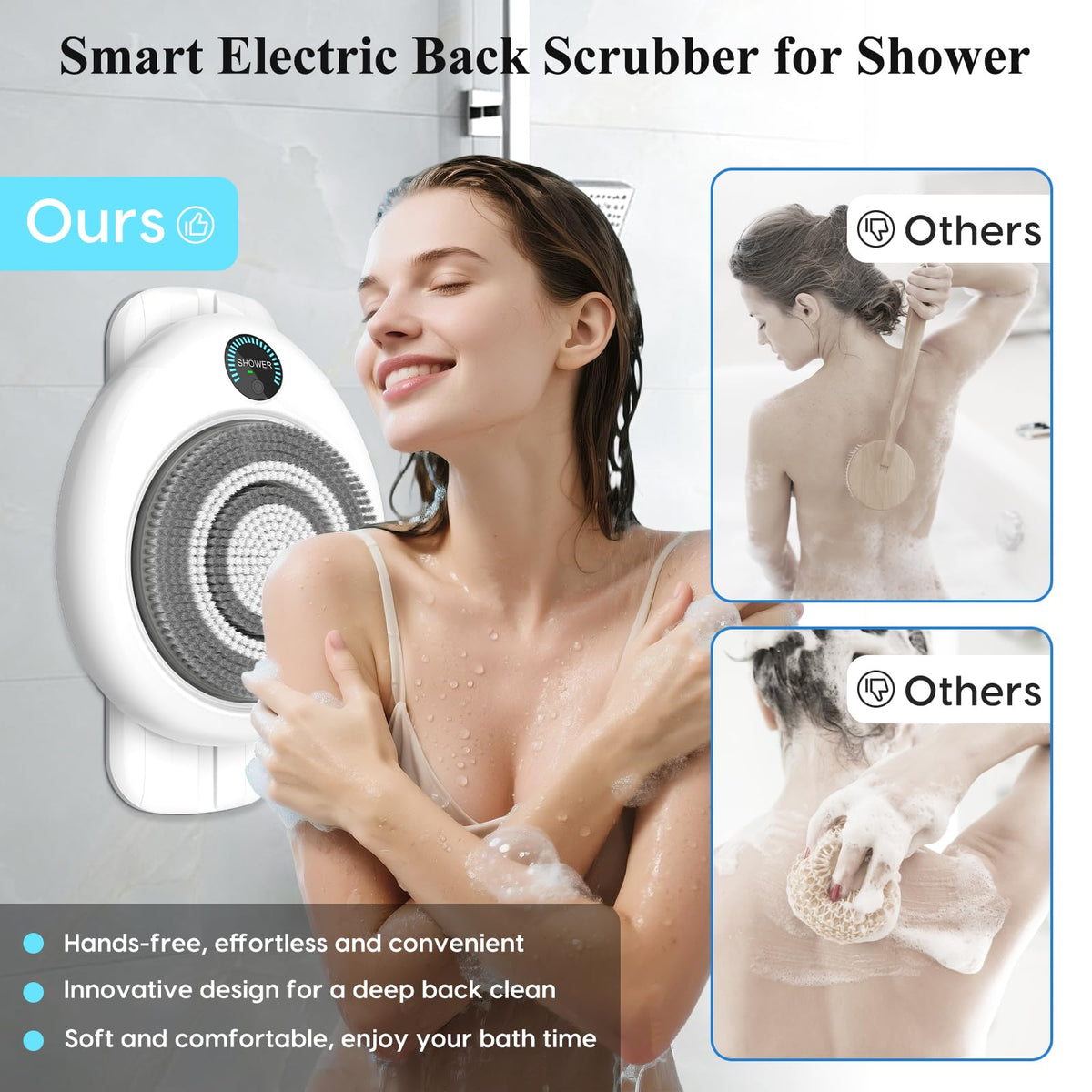 Electric Wall-Mounted Shower Back Scrubber with 3 Replaceable Heads