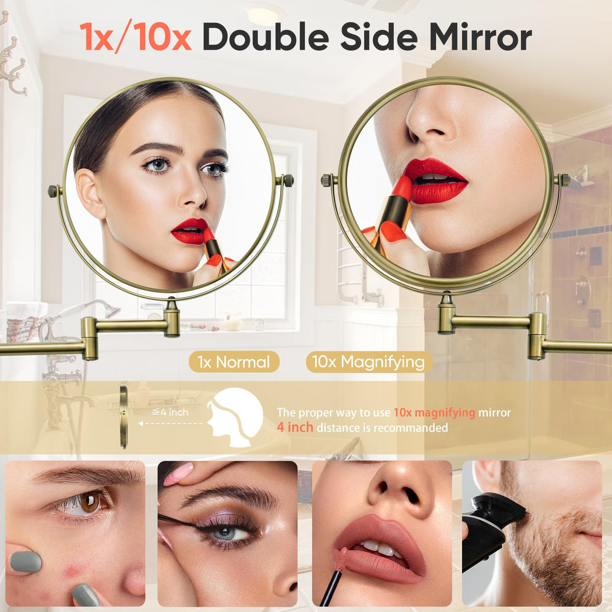 GURUN Dual-Sided Wall Mount Makeup Mirror with 1x and 10x Magnification