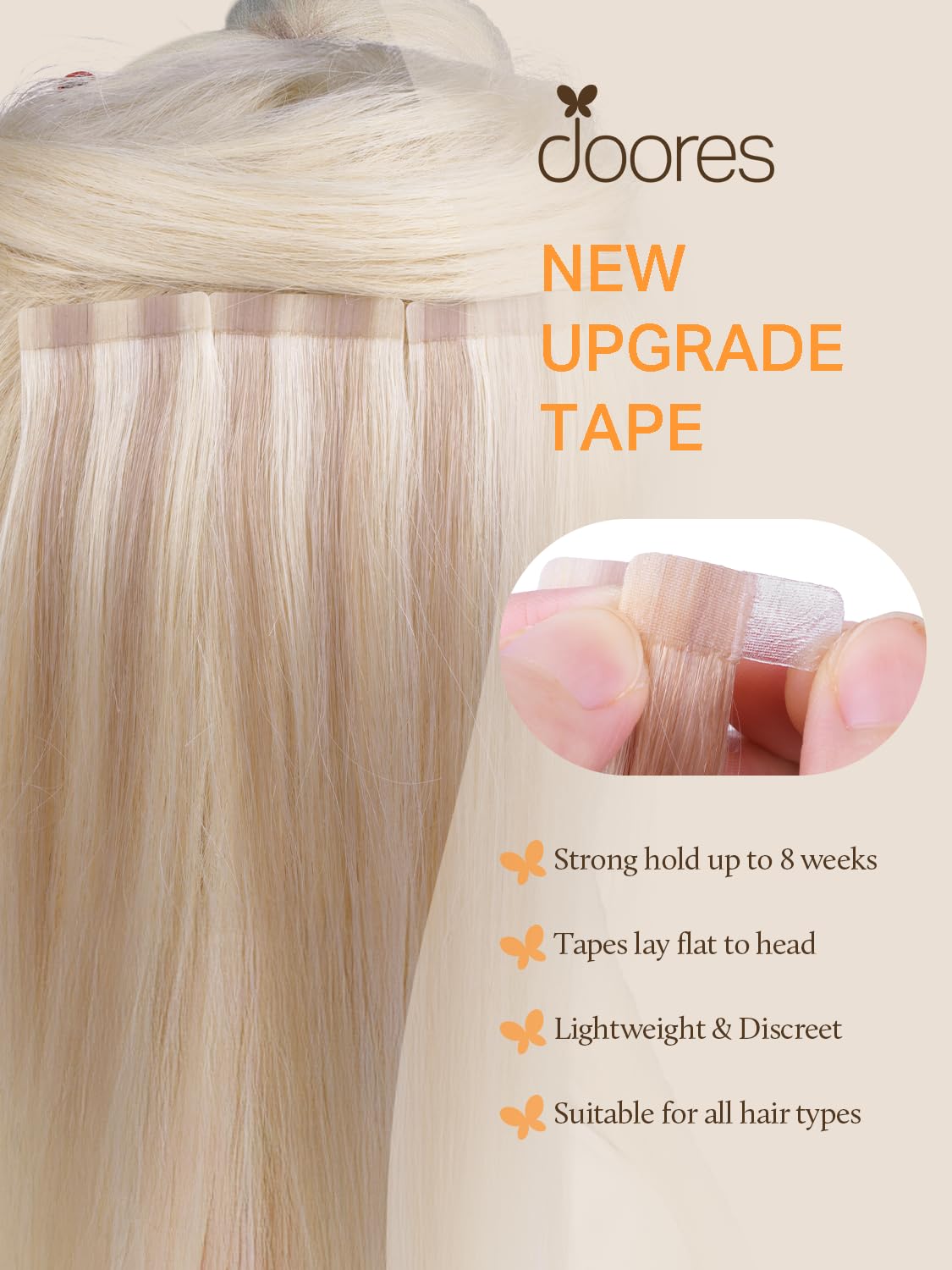 DOORES Remy Human Hair Tape-In Extensions with Invisible Seamless Weft