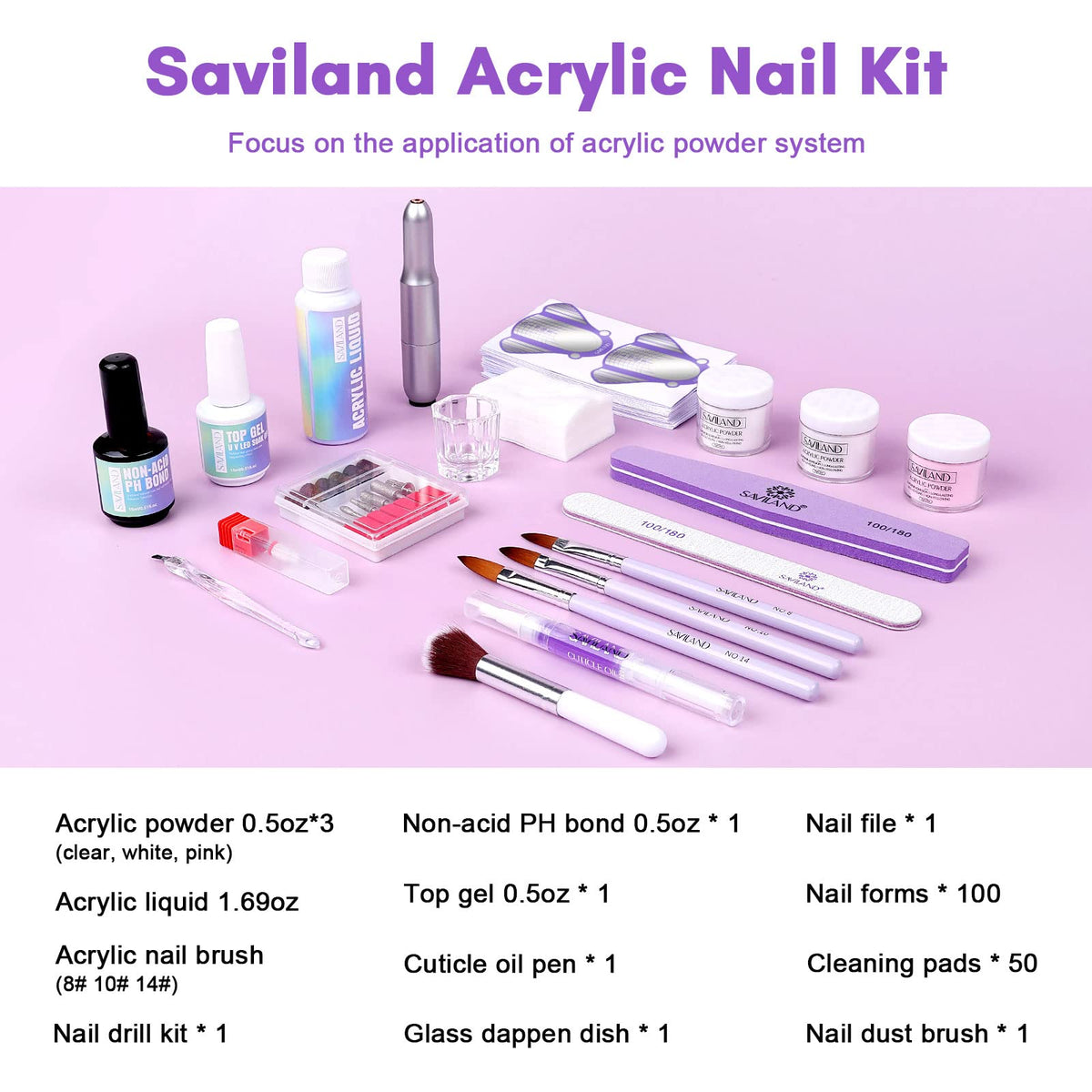SAVILAND Acrylic Nail Kit with 0.5 oz Powder, 50 ml Liquid and Drill