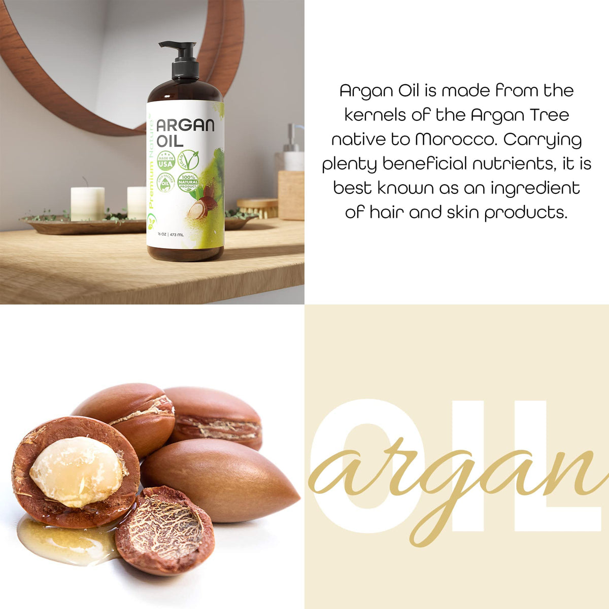 100% Pure Organic Moroccan Argan Oil for Hair, Face and Skin