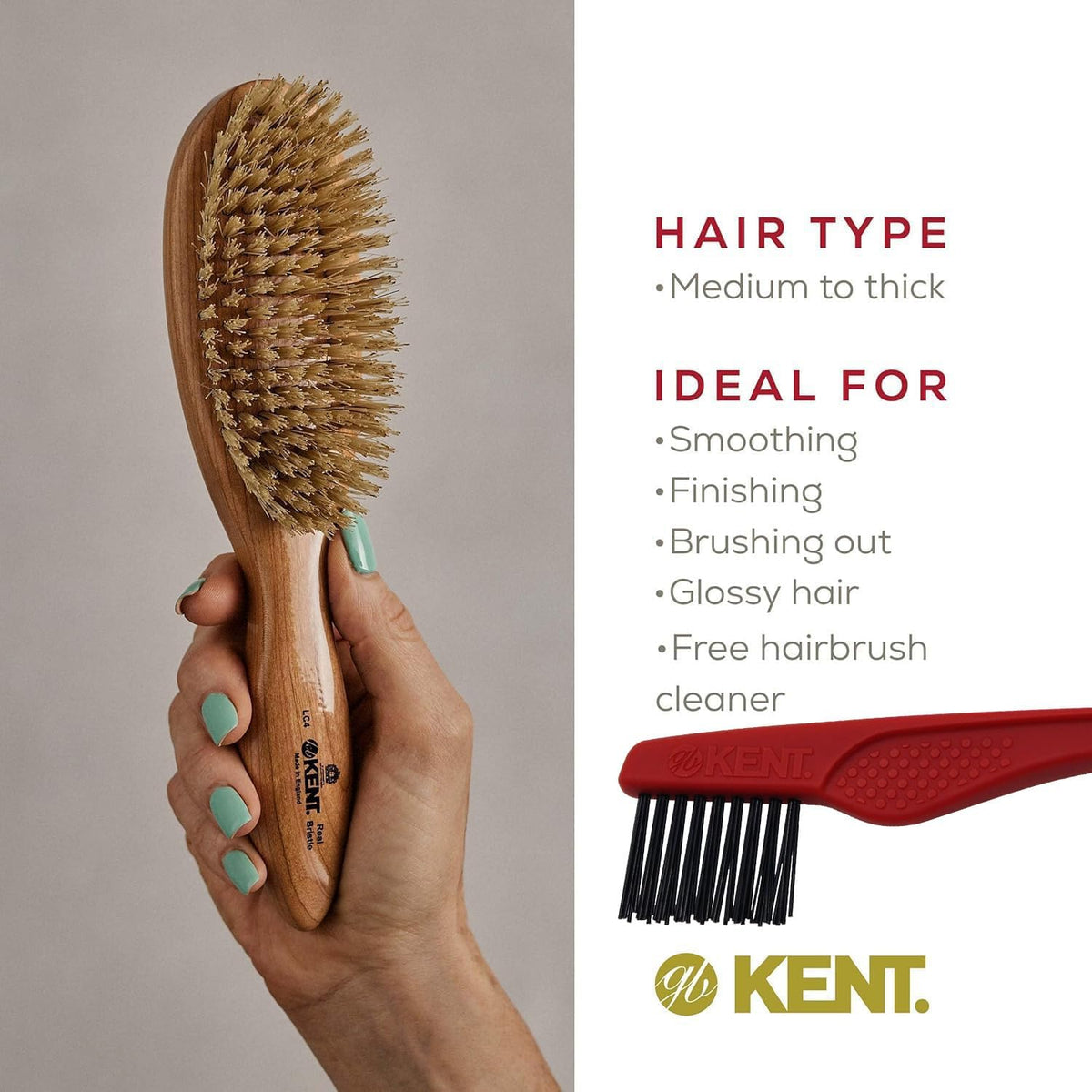 Kent LC4 Boar Bristle Hairbrush, Cherrywood Oval Brush for Medium to Thick Hair