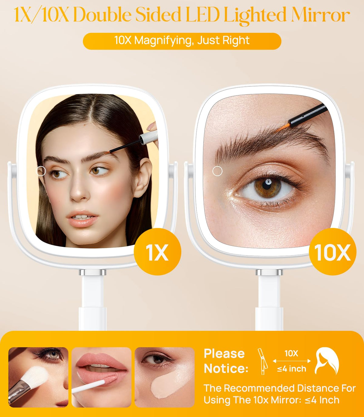 Gospire Rectangular Illuminated Makeup Mirror with Dual-Sided 1X and 10X Magnification