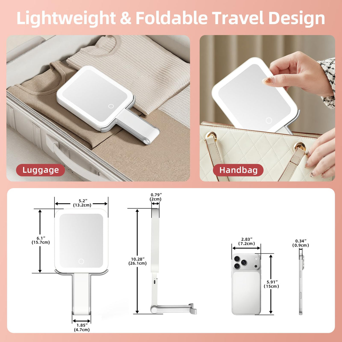 GioeDa Ivory White Travel Makeup Mirror with Lights, 10X/1X Magnification