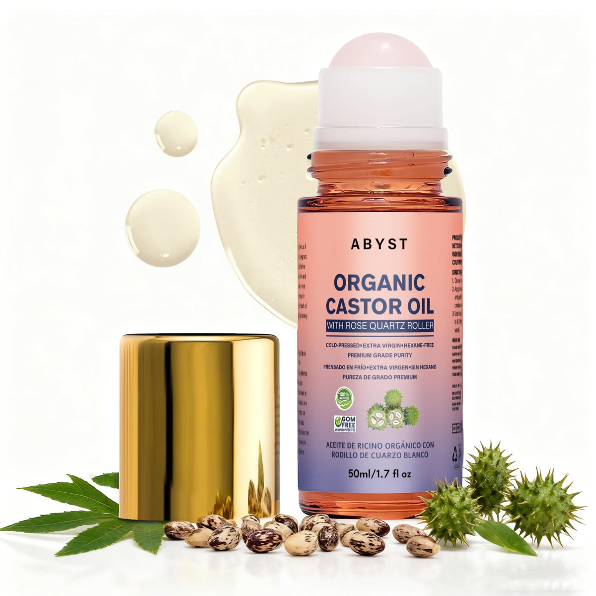 Organic Cold-Pressed Castor Oil Roll-On with Rose Quartz Rollerball