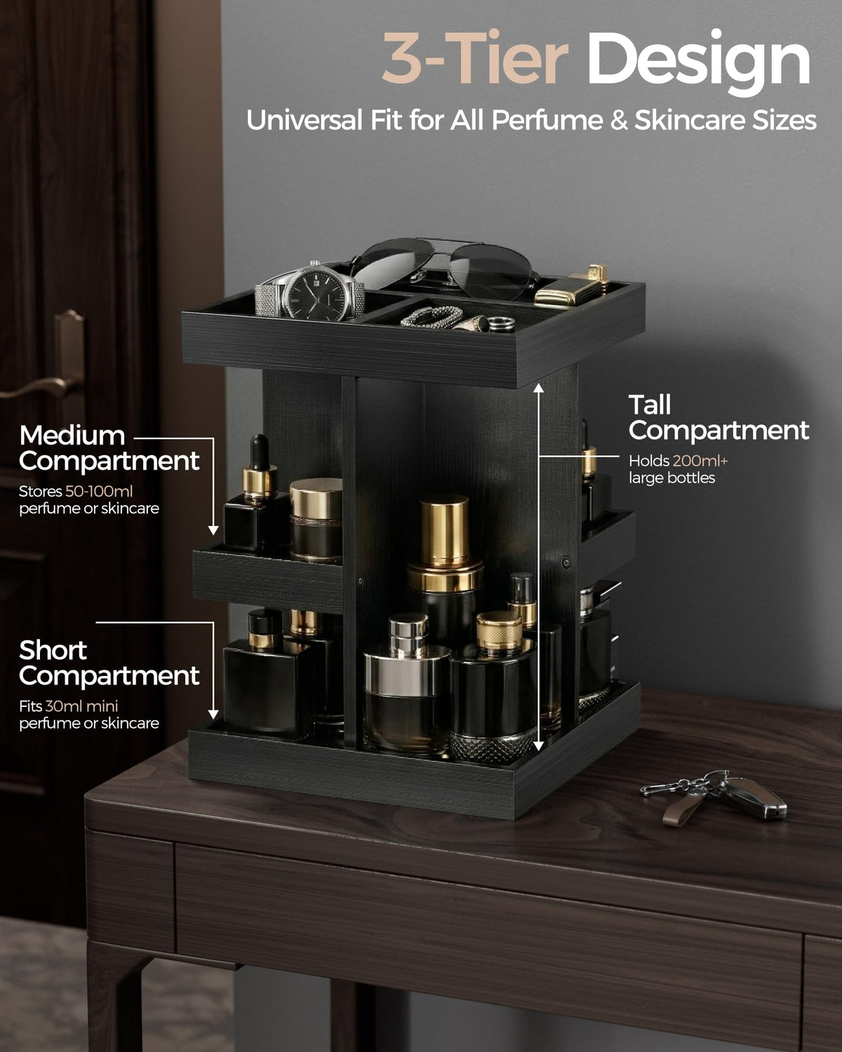 ProCase 3-Tier 360° Rotating Wooden Cologne Organizer