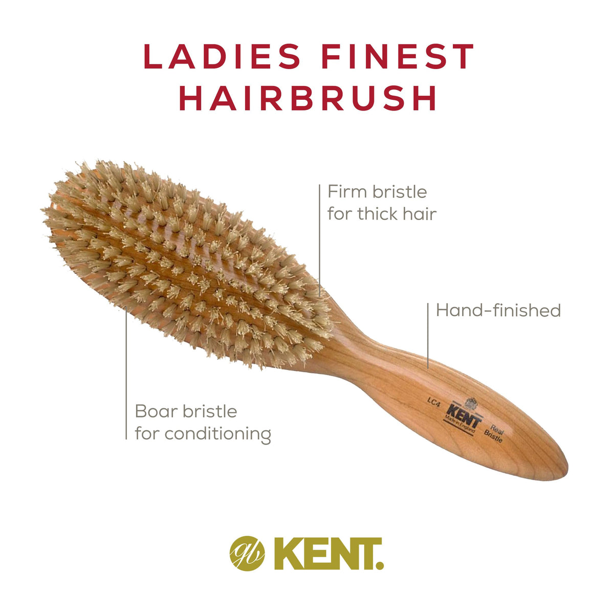 Kent LC4 Boar Bristle Hairbrush, Cherrywood Oval Brush for Medium to Thick Hair