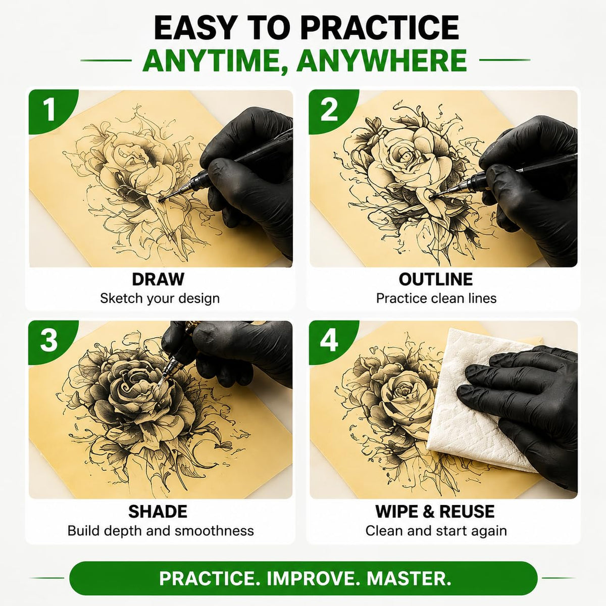 Premium 3mm Silicone Tattoo Practice Skin, Double-Sided Reusable Mat