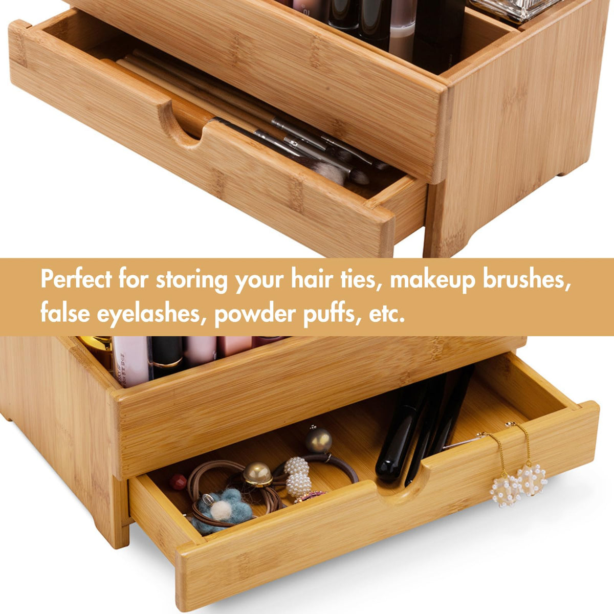 GOBAM Bamboo Makeup Storage Drawer Organizer with Removable Dividers
