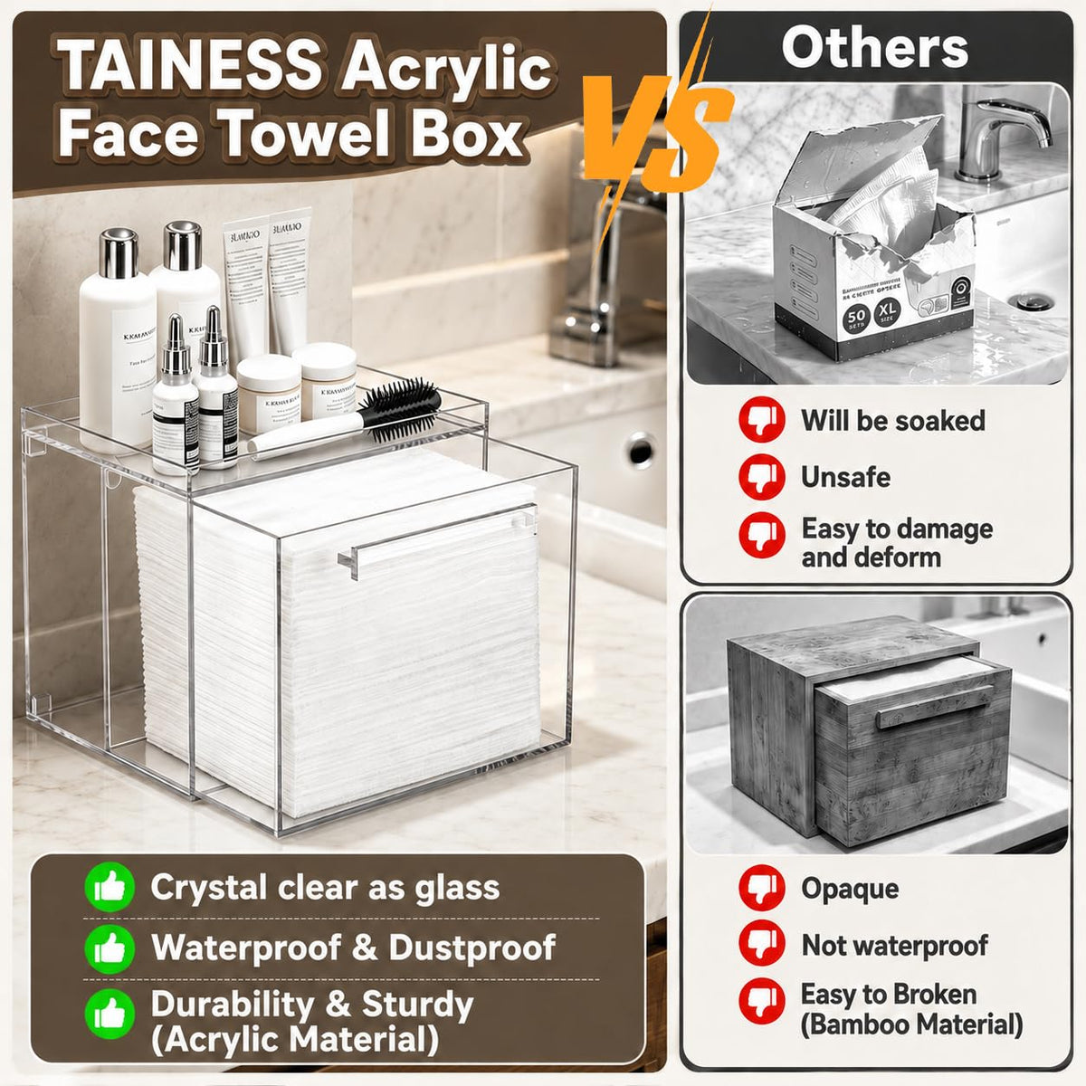 Acrylic Disposable Facial Towel Holder, Wall-Mounted Storage Box with Drawer