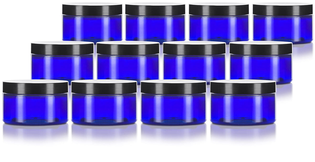 12 Pack 4 oz Cobalt Blue PET Plastic Low Profile Jars with Black Lids