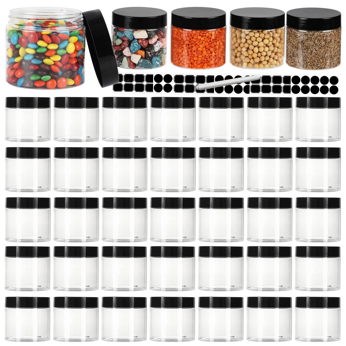 40 Pack 6 oz Clear Plastic Jars with Black Lids, Food-Grade PET