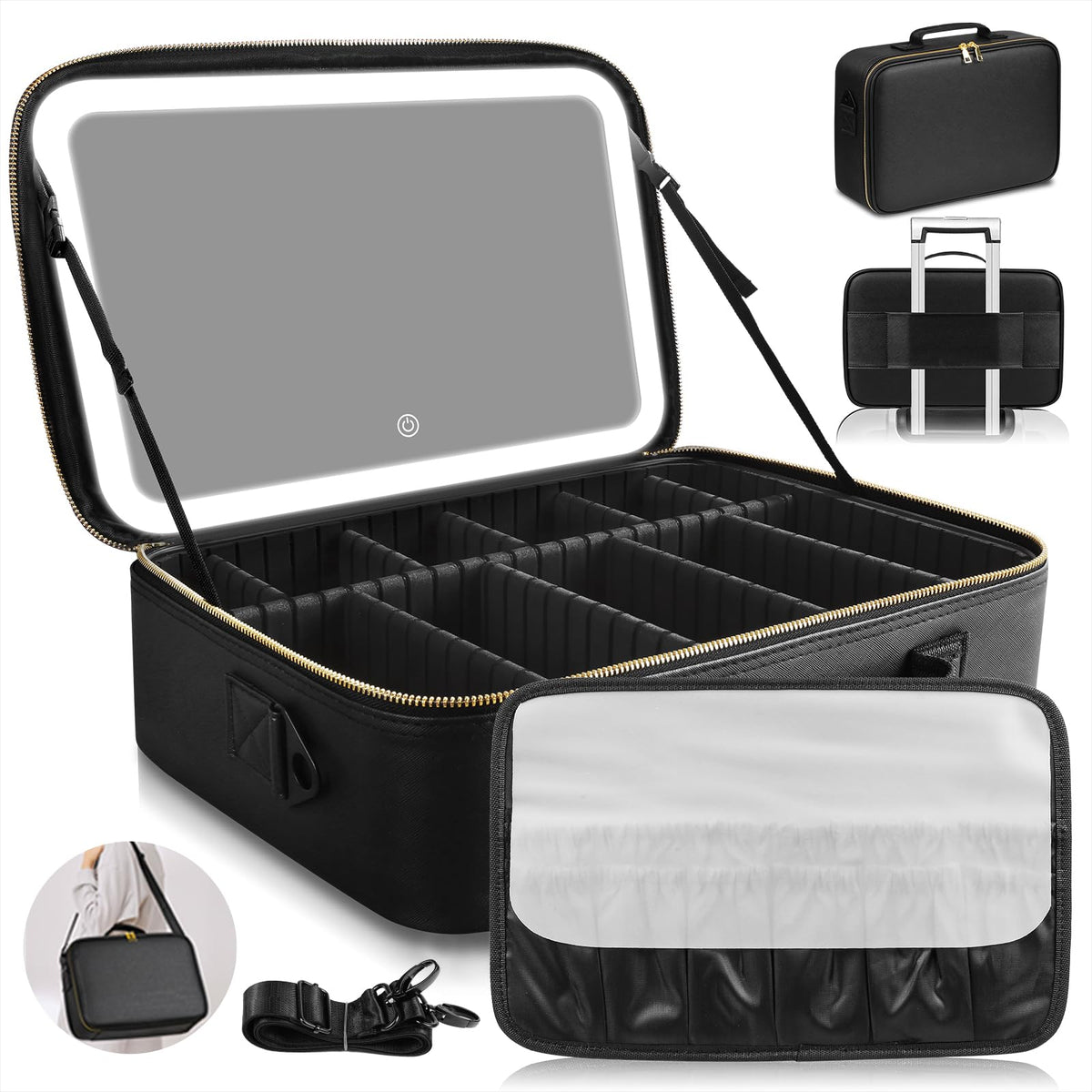 Large Makeup Bag with LED Mirror, Adjustable Dividers and Travel Straps
