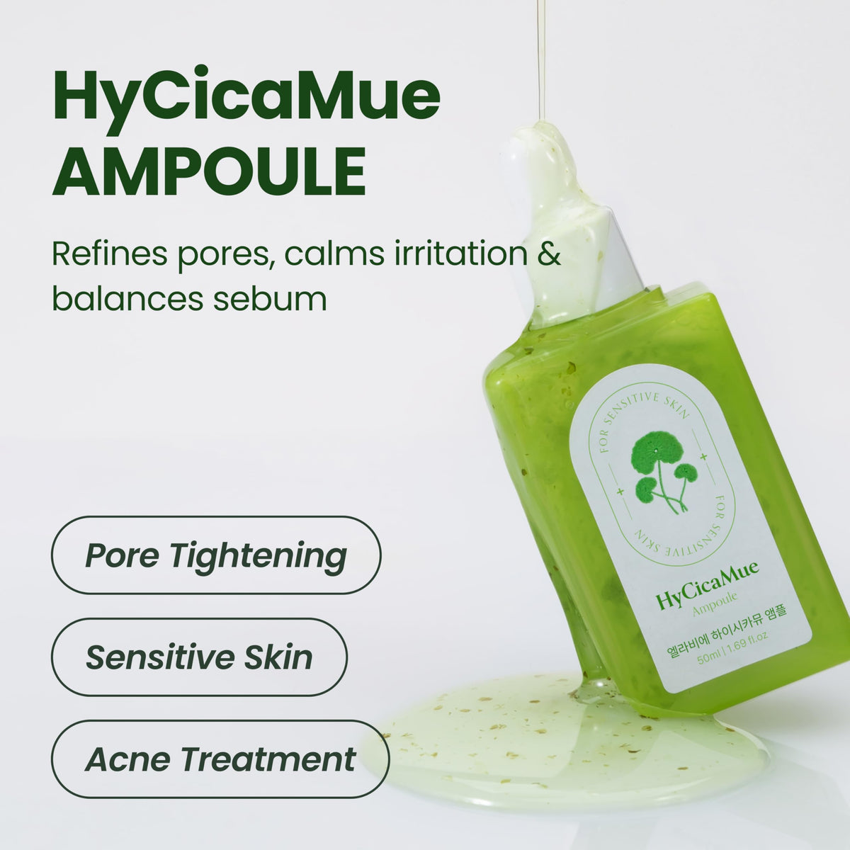 HyCicaMue Calming Facial Serum Ampoule with Cica & Hyaluronic Acid, 1.69 oz