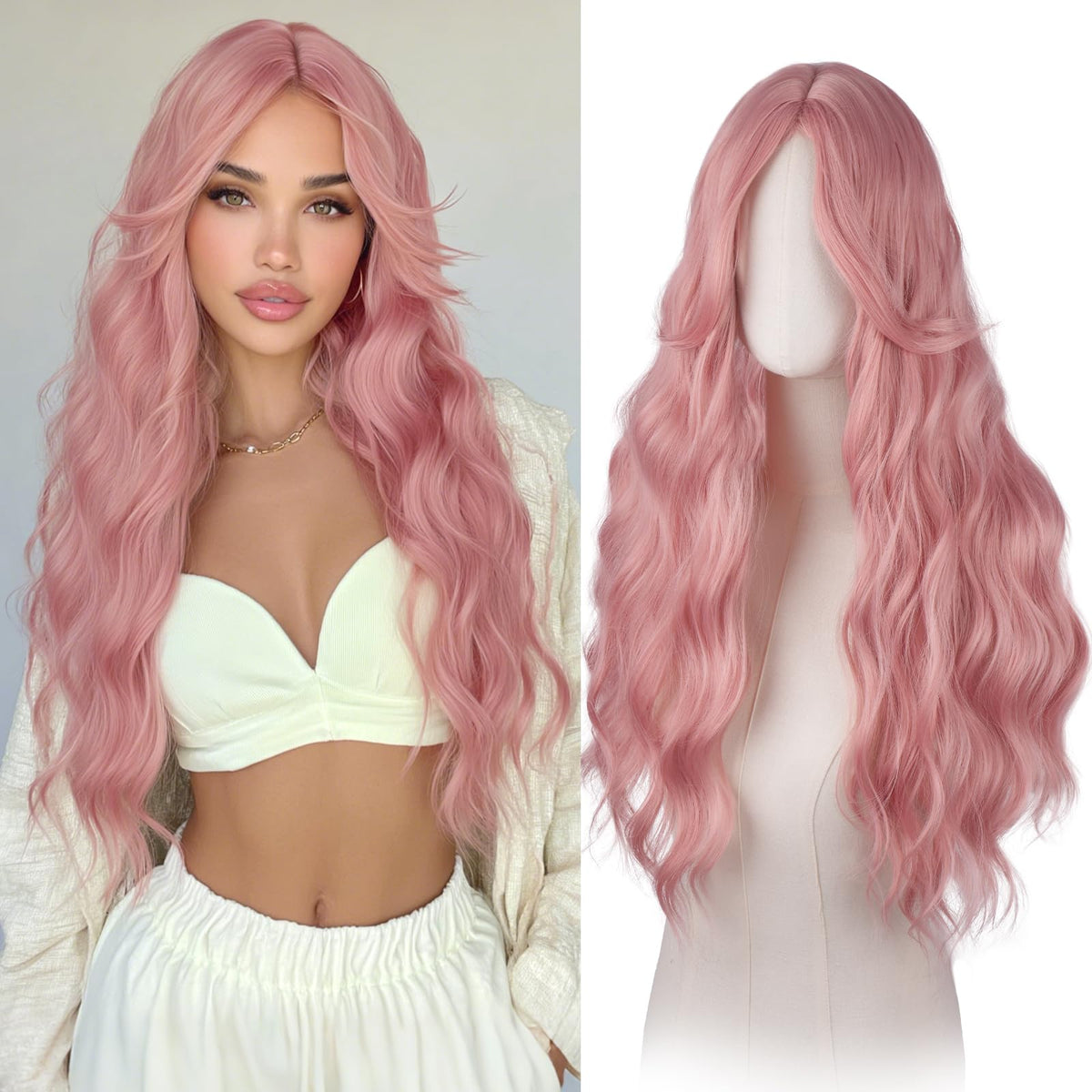 Haloo Long Wavy Synthetic Hair Wig with Curtain Bangs, 26 Inch