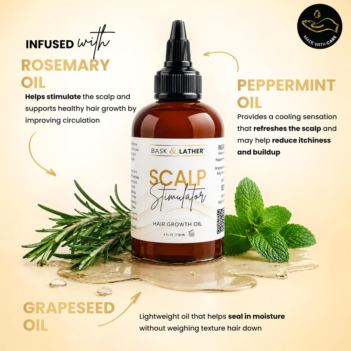 Bask & Lather Scalp Stimulator Hair Growth Oil, Mint, Rosemary & Grapeseed, 4 Fl Oz