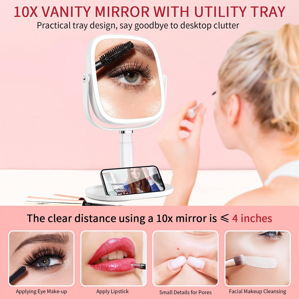 Vanmirr Height Adjustable Lighted Makeup Mirror with 1x/10x Magnification