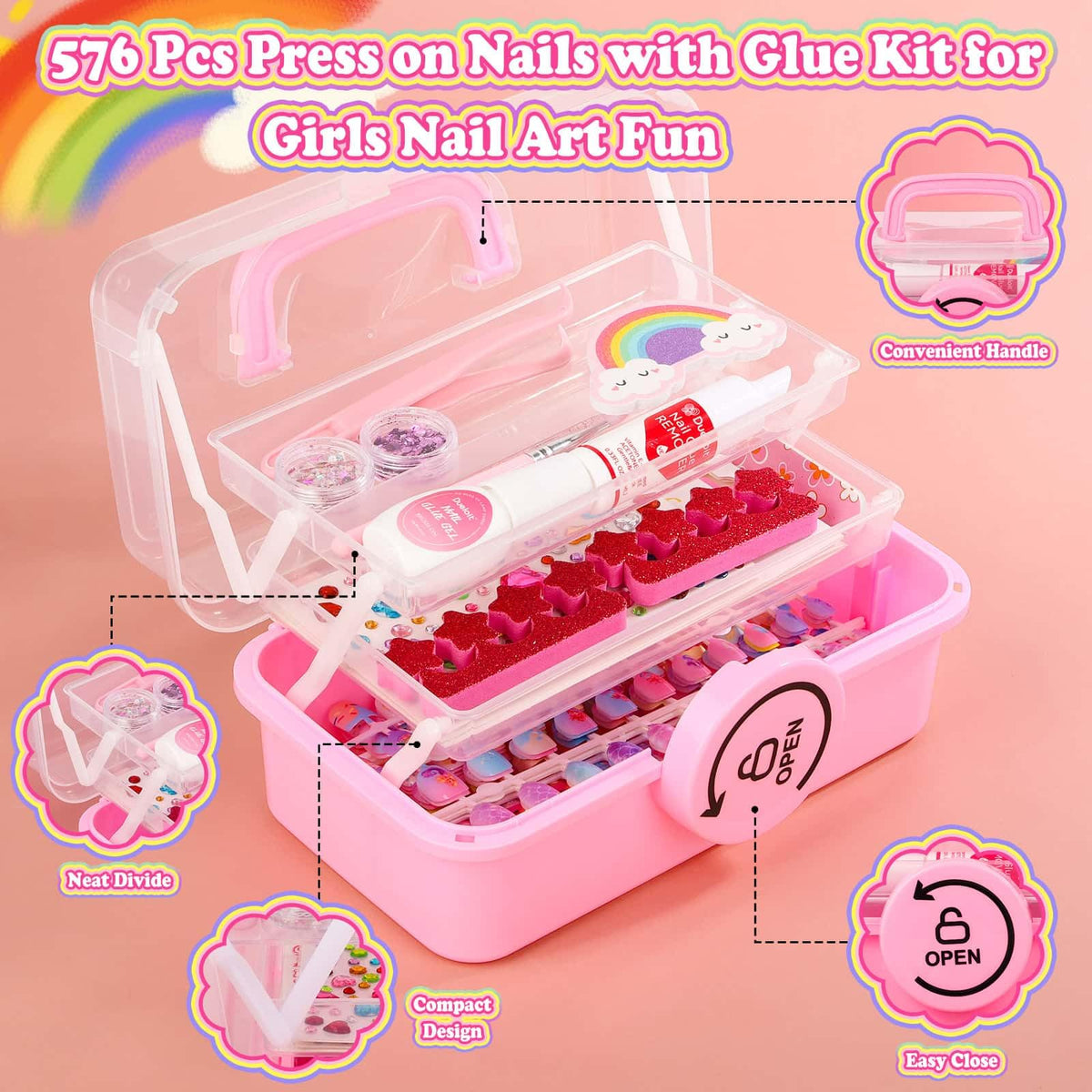 Kids Press-On Nail Art Kit with Glue, Remover and Storage Case
