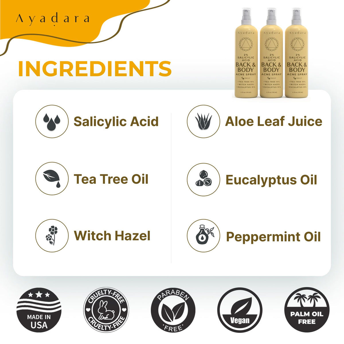 Ayadara 2% Salicylic Acid Acne Body Spray, Back & Body Acne, 3-Pack