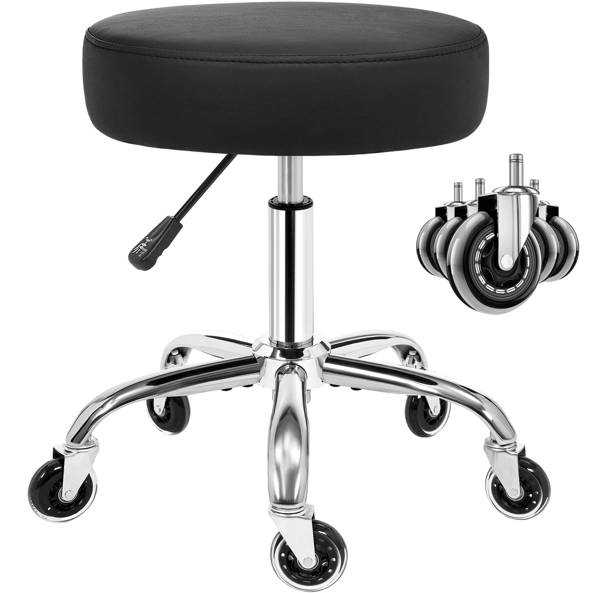 ANWBROAD Round Rolling Stool with Wheels, Adjustable Height, 360° Swivel, PU Leather Seat