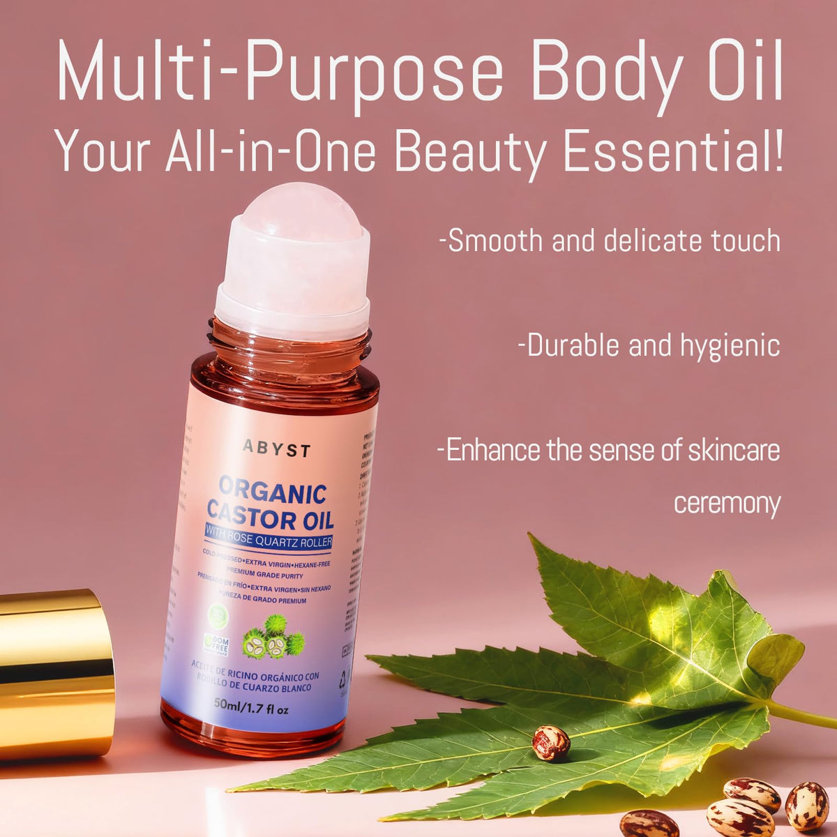 Organic Cold-Pressed Castor Oil Roll-On with Rose Quartz Rollerball